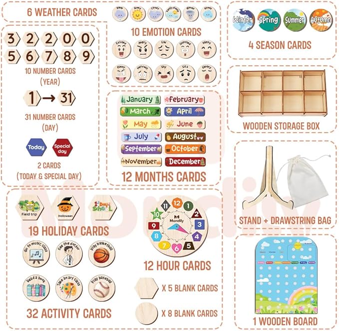 Interactive Calendar for Kids Ages 3+, Wooden Toddler Calendar, Teaching Seasons, Years, Months, Days of Week, Daily Activity Calendars for Kid Preschool & Homeschool (12 x 15 inches)