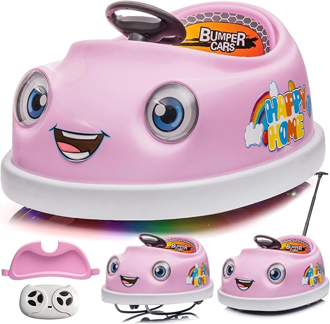 12V Dual Battery Electric Ride on Kids Bumper Car w/Remote Control,360 Degree Spin,Push Rod Rocker Horse Function,3-Speeds Babies & Toddlers Bumping Car Ride on Toy Gift for 1-4 Years Children (Pink)