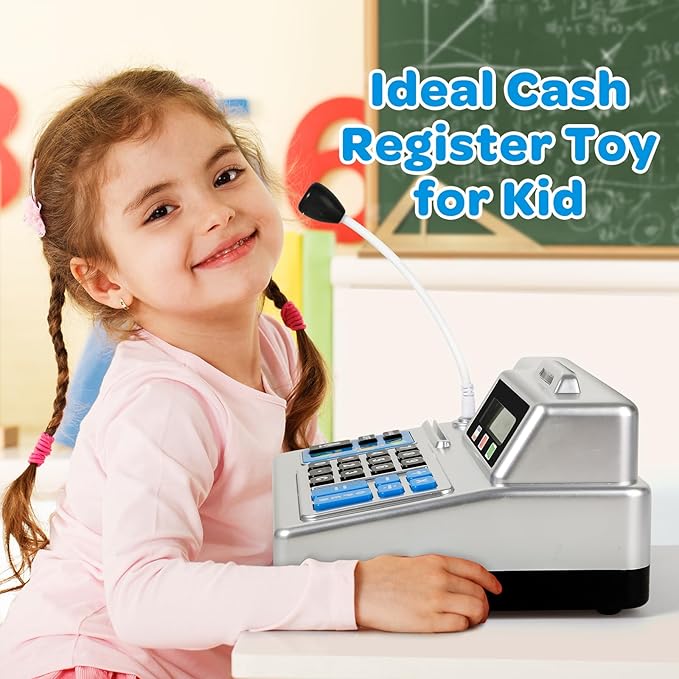 Calculator Cash Register - 103 Pcs Toy Cash Register, Store Set with Microphone, Credit Card and Banking for Kids, Toddler Math Learning Toys, Preschool Gifts for 3, 4, 5, 6, 7, 8+ Years Old Boy Girl