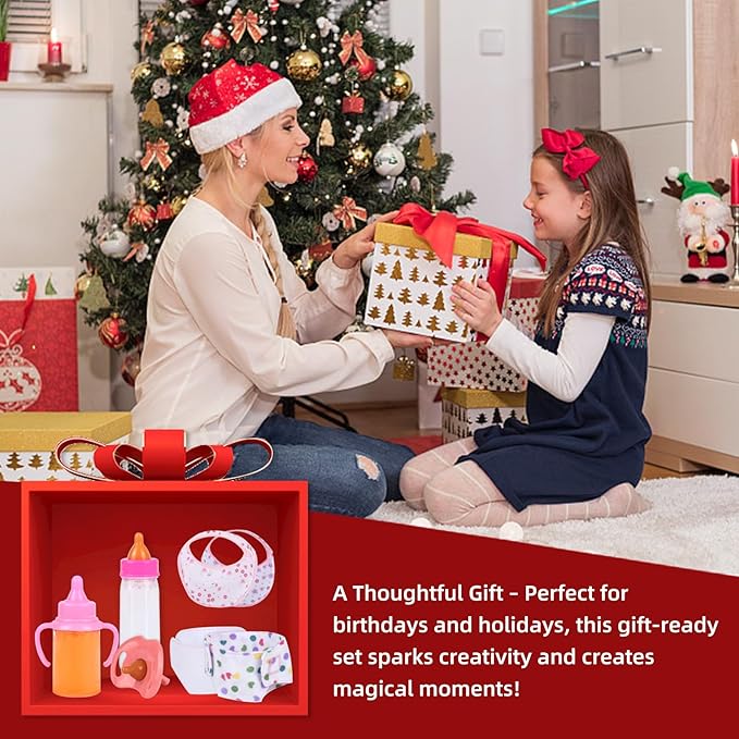 Baby Doll Accessories Set – 7 Pcs Feeding and Caring Set with Magic Disappearing Bottles, Pacifier, Diapers and Bibs Doll Pretend Play Gift for Kids