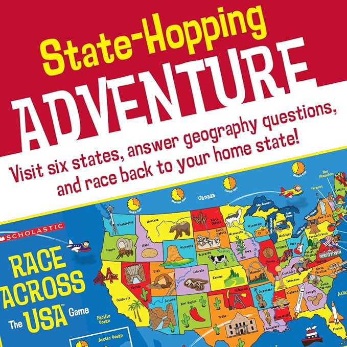 University Games, Scholastic Race Across the USA Board Game , Geography Learning Game for Kids and Families, for 2 to 4 Players Ages 8 and Up