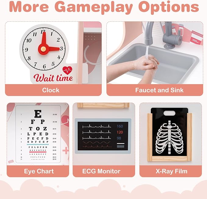 HONEY JOY Kids Wooden Doctor Play Set, 2 In 1 Checkup Medical Office Center & Vet Clinic Station, Exam Area & Interactive Accessories, X-Ray, Toddler Pretend Hospital Playset Kit for Boys Girls (Pink)
