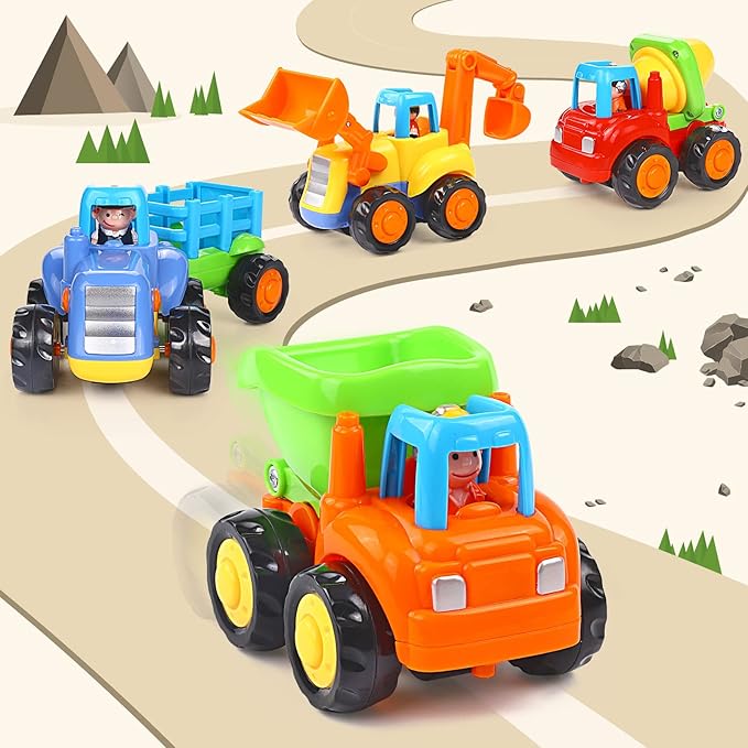 Inertia Toy Early Educational Toddler Baby Toy Friction Powered Cars Push and Go Cars Tractor Bulldozer Dumper Cement Mixer Engineering Vehicles Toys for Children Boys Girls Kids Gift 4PCS
