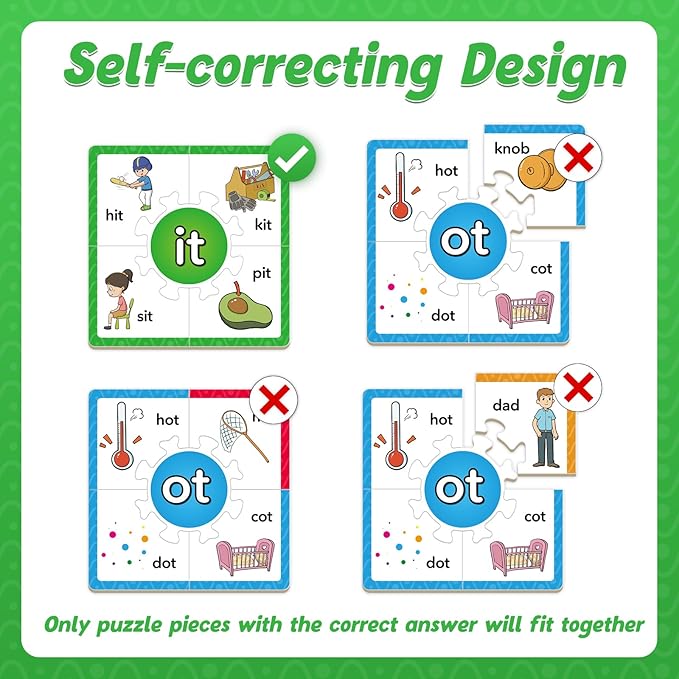Torlam Phonics Puzzles Rhyming Games Phonics Games Flash Cards for Kids Toddler, Learn to Read Spelling Reading Sight Words, Short A E I O U Blends Site Words for Preschool Kindergarten Homeschool