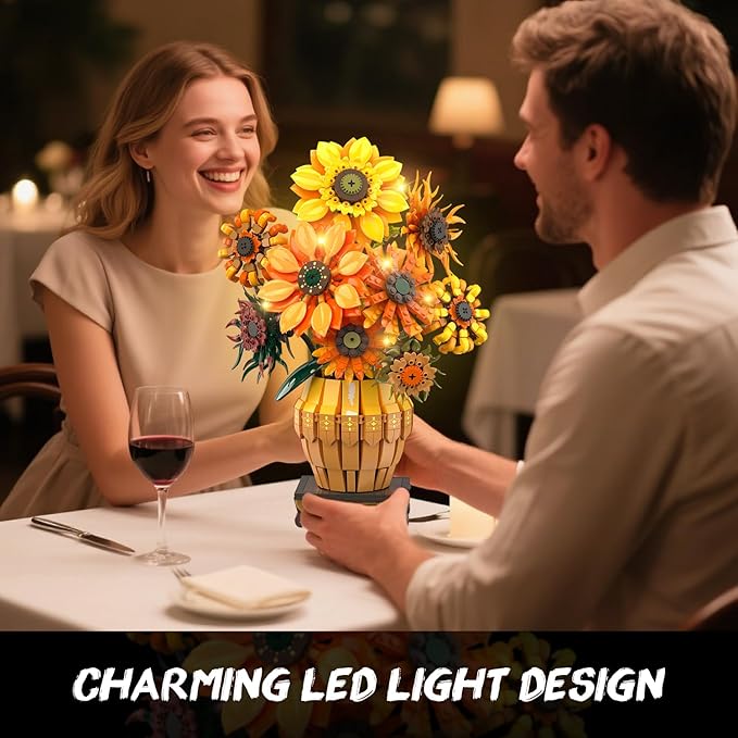 Sunflower Building Set with Lights Vase Base, Flowers Botanical Collection Building Block Home Decor, 1180PCS Art Flower Bouquet Bonsai Plant Building Kit Gift for Adults Teens Girls Boys 12+