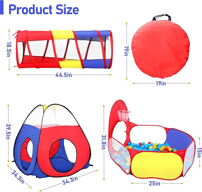 PigPigPen 3 in 1 Kids Play Tent with Play Tunnel, Ball Pit, Basketball Hoop for Boys & Girls, Toddler Pop Up Playhouse Toy for Baby Indoor/Outdoor, Gift for Year Old Child (Colorful 3pc Play Tent)