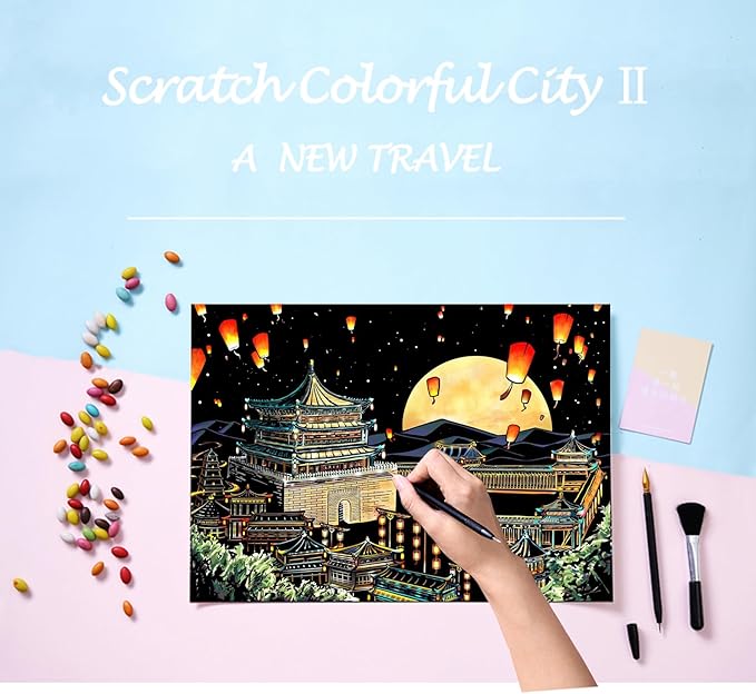 Scratch Rainbow Painting Art Paper,Scratch Art Crafts Set for Adults&Kids,Scratch Painting DIY Creative Gift with 4 Tools,16''x11''(Ancient China&Moscow CBD)