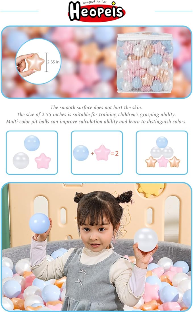 Ball Pit Balls Pack of 100 200 500 - Star and Round Set BPA Free Phthalate Free Non-Toxic Crush Proof Play Balls Soft Plastic Balls for Toddlers Baby Kids Birthday Pool Tent Party