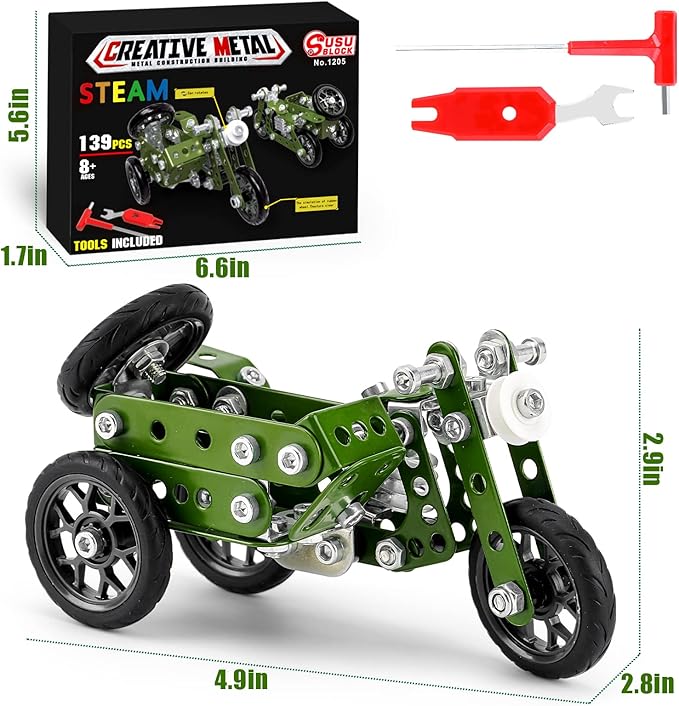 Creative Sets Building Toys Motor Tricycle Set-139 Pieces DIY Building Stem Projects Toys for Kids Boys Ages 8-12,Metal Building Toys Set Gifts for Model Military Motorcycle Fans