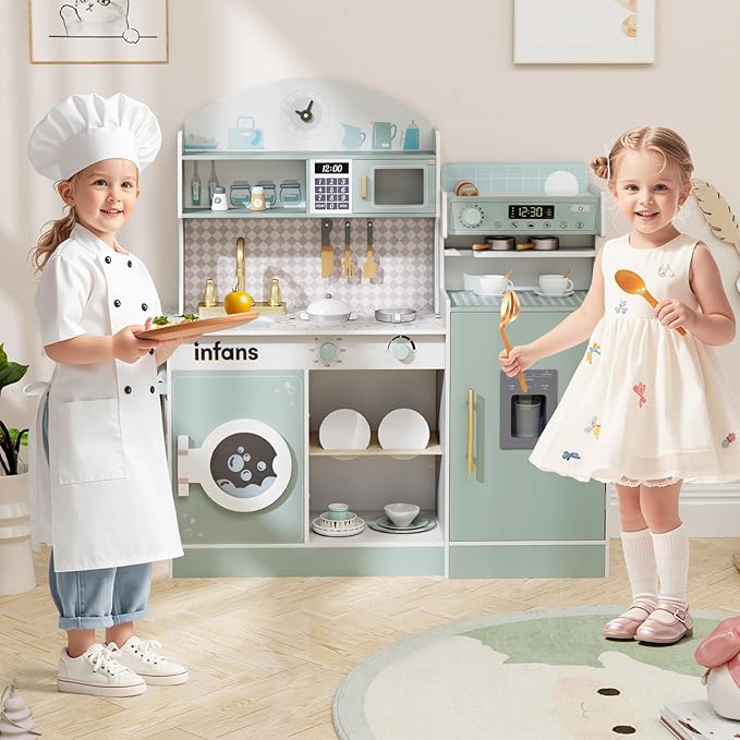 INFANS Kids Kitchen Playset, Toddler Wooden Kitchen Pretend Cooking Toy Set with Coffee Maker Ice Machine Dishwasher Microwave Storage Cabinet, Simulation Play Kitchen for Boys Girls 3+ (Blue)