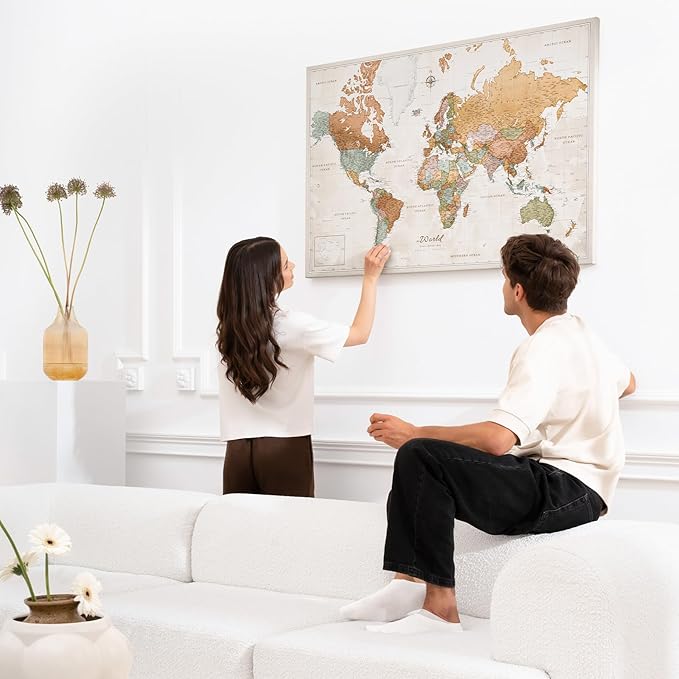 Canvas World Map with Cork Pin Board - English Lettering - Decorative Wall Decoration for All Rooms - Canvas Pictures with World Map Motif (150x100 cm, Pattern 22)