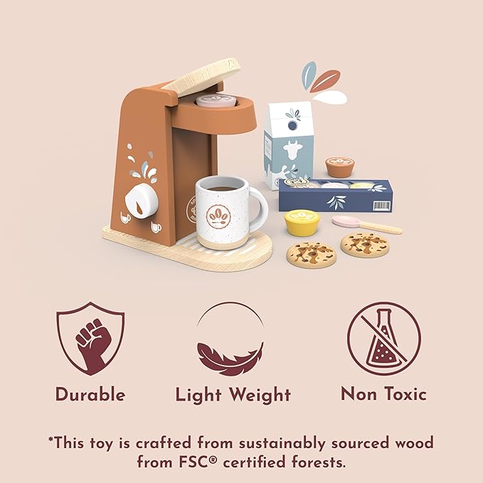 Speedy Monkey Wooden Kids Coffee Machine Playset – FSC Certified Pretend Play Espresso Maker, Barista Role Play Café Set Toy for Toddlers, Boys & Girls, Coffee Grinder with Cups & Kitchen Accessories