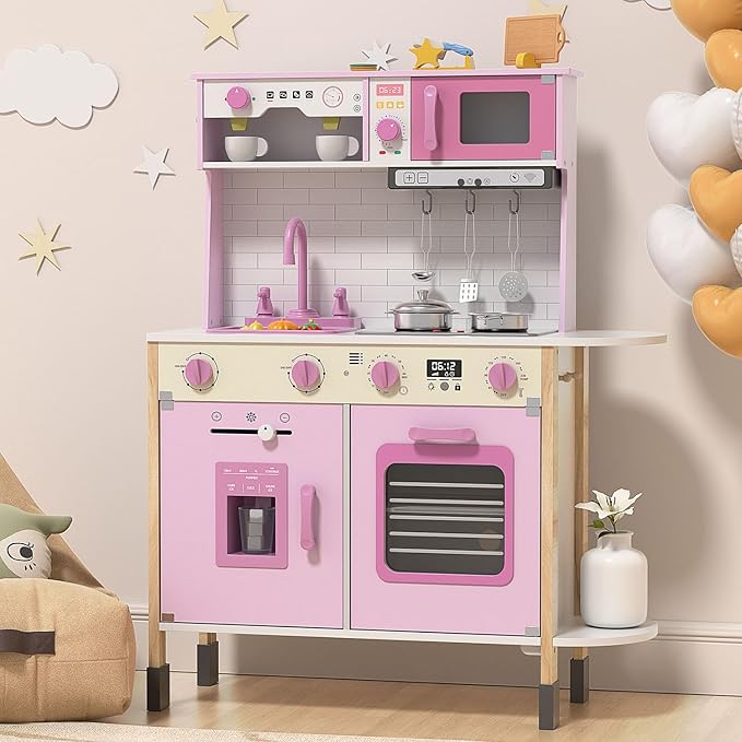 BIERUM Play Kitchen, Wooden Kids Kitchen Playset for Toddlers with Real Lights & Sounds, Height Adjustable Toys Kitchen with 30 Pcs Toy Food & Cookware Accessories (Pink)