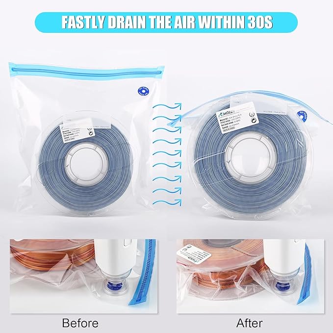 AMOLEN 3D Printer Filament 66PCS Storage Bags Vacuum Kit, Filament Bags Storage Spool Sealing 30 Bags with Two Sizes, Dust Proof Humidity Resistant for Keeping Filament Dry