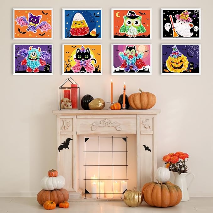 Lonfliness 8PCS Poke-in Craft and Art Kit Kids Halloween No-Mess Fabric Sewing Art Girl Boy 4-12 Puzzle Puncture Painting DIY Bat Pumpkin Ghost Halloween Toy Gift Creative Activity Game Birthday Party