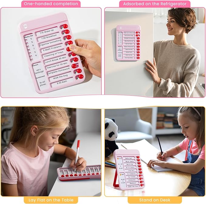 Chore Chart for Kids, Visual Schedule for Kids with Autism, Chart Board with 12 Reusable Sheets, Routine Chart Dry Erase Board for Kids, Magnetic Chore Chart for Fridge, Desk, Home - Pink