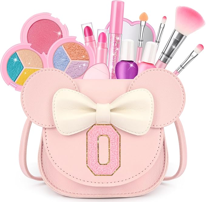 Kids Makeup Kit for Girls - 15 Pcs Real Washable Make Up Set - Non Toxic Toddlers Cosmetic with Letter Mouse Ear Purse - Dress up Birthday Gifts for 3 4 5 6 7 8 Years Old Girls - O