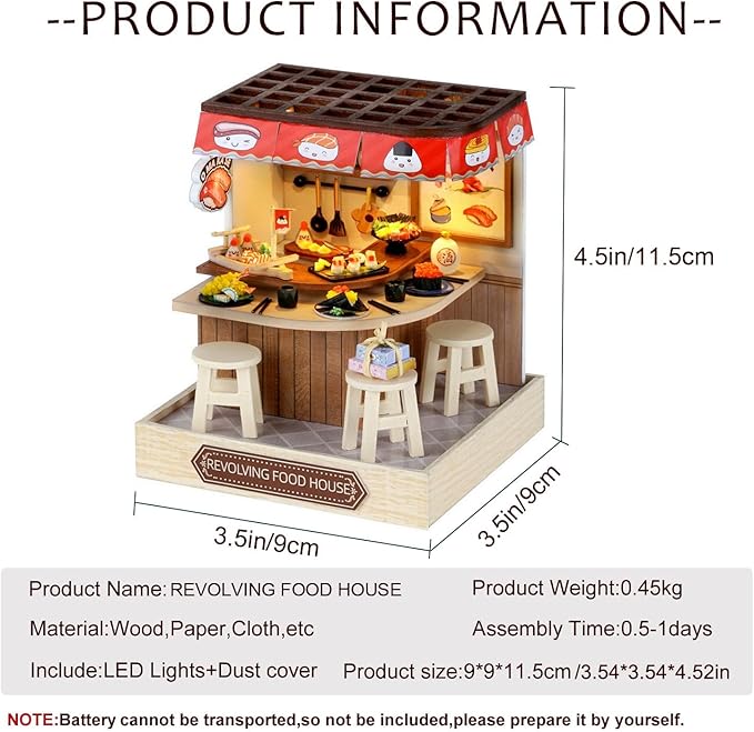 Miniature House Kit, CUTEROOM Tiny House Kit Wooden Dollhouse Kit Mini House Making Kit with Dust Cover, DIY Sushi Dollhouse Kit Birthday Gift (Food House)