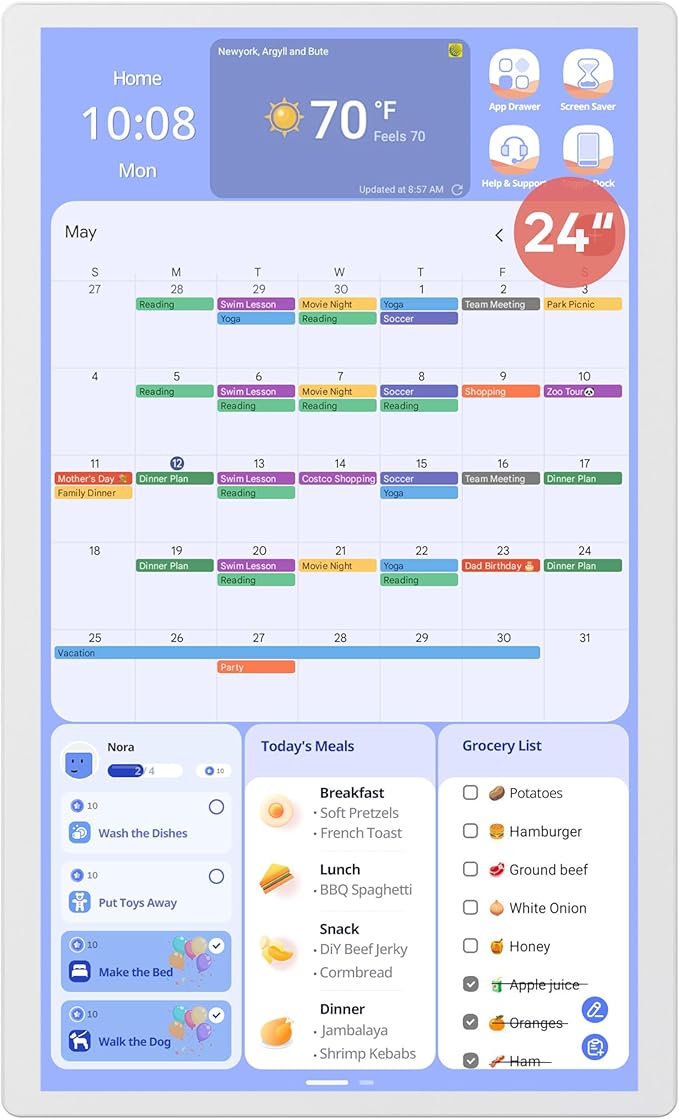 Cozyla Mate Digital Calendar+ 2: 24 Inch Wall Touch Screen Chore Chart Customize Dashboard Smart Electronic Calendar for Family Schedules Meal Planner Supports All Google Play Apps Wall Mount White