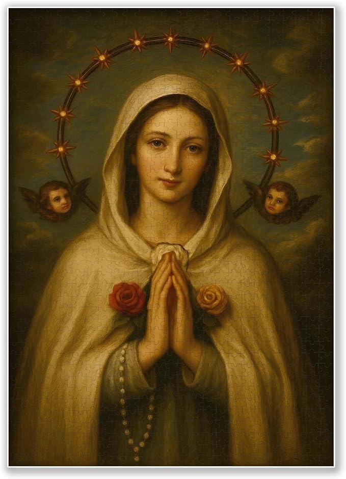 1000-piece Prayer to Our Lady - Halo and Cherubim Adult Wooden Puzzle, Intellectual Challenge, Stress-Relieving Puzzle, Relaxing Family Activity, Decoration, Size: 29.5 x 19.7 in