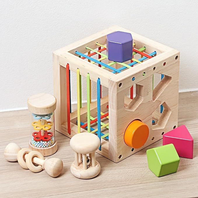 Montessori Wooden Shape Sorting Cube – Baby Sensory Rattles for Infants Over 18 Months, Wooden Baby Toys for 2 Year Old Educational Shape Sorter for Babies & Toddlers