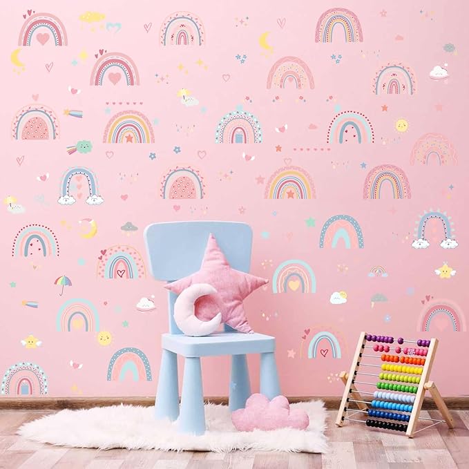 Glow in The Dark Boho Rainbow Wall Decals,Glowing Luminous Small Rainbow Wall Stickers Colorful Removable self-Adhesive Rainbow Sun Moon Star Heart Decals for Girls Bedroom Decoration