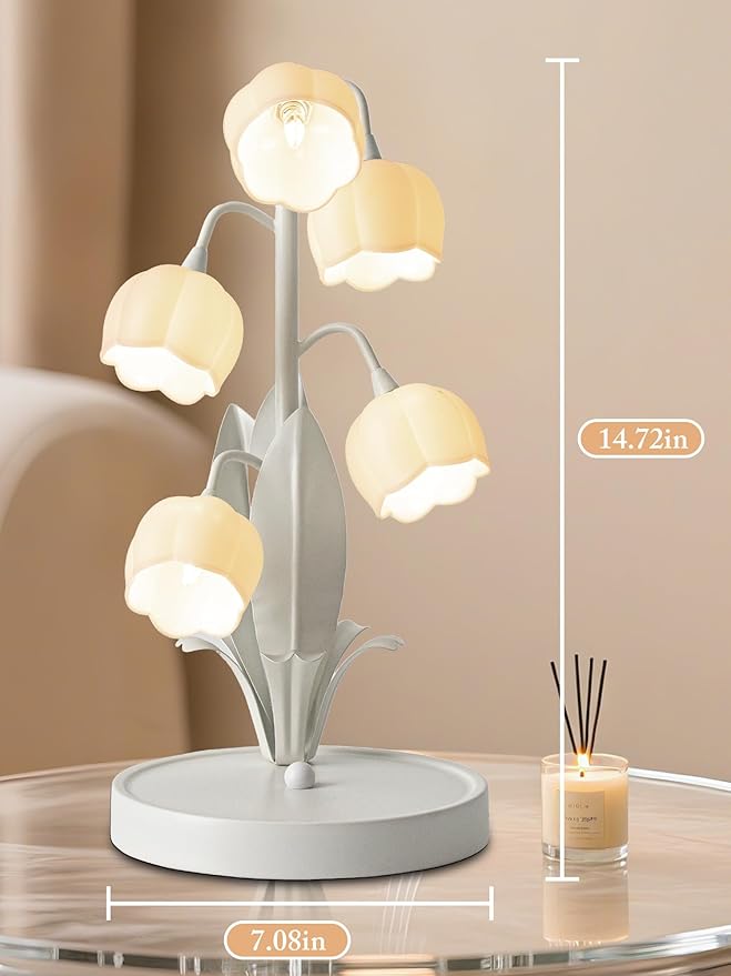 Flower Lamp for Home,Bedside Vintage Table Lamps,5 Lily of The Valley Reading Lights,3 Colors Modes Kawaii Bedside Lamp Decor,with G4 Bulb Nightstand Light for Living Room Office Bedroom (White)