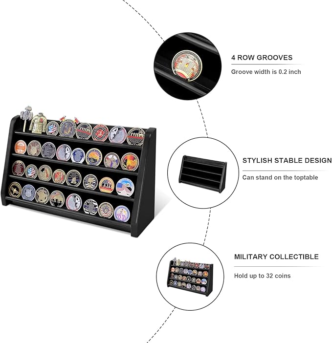 4 Rows Wooden Military Challenge Coin Display Case Wall Mount - Army Coin Collectibles Holder Display Stand Rack, Black