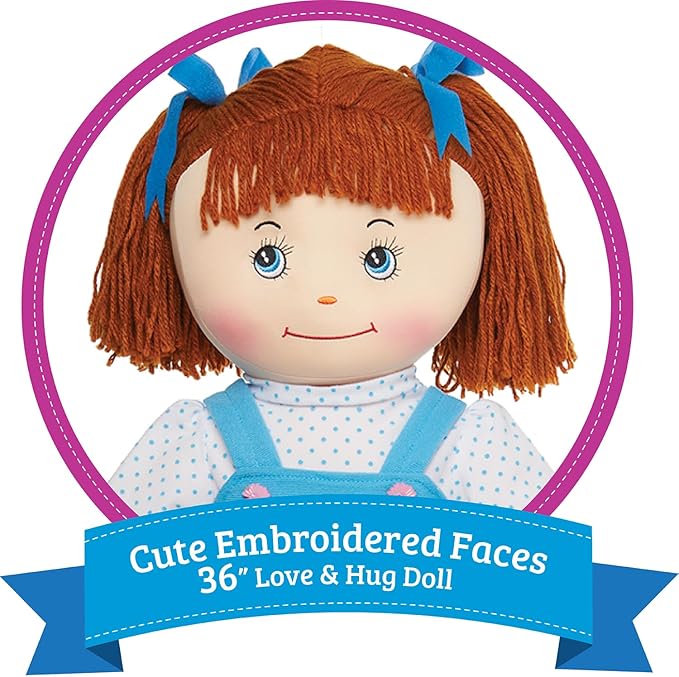 LOVE & HUG 36" Huggable Soft Doll with Blue Dress and Soft Yarn Hair