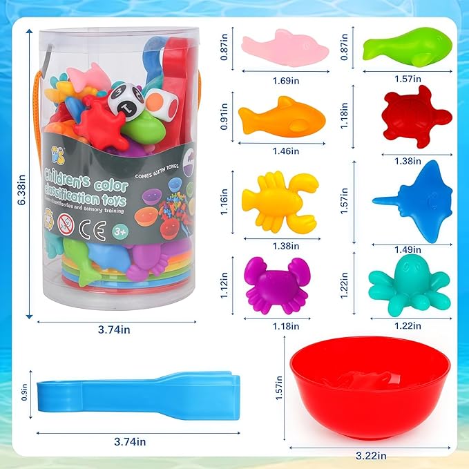 Sorting Colors Sea Animals Counting Toys with Matching Sorting Cups and Game Dices, Color Classification and Sensory Training Preschool Educational Learning Toys for Toddlers Kids Girls Boys Ages 3+