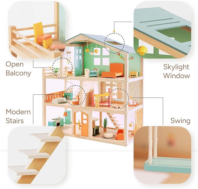 Giant bean Large Wooden Dollhouse with 32 Pcs Furniture Accessories, 3-Story Doll House 5 Rooms Balcony Wooden Stairs, Ideal Dollhouse Playset Toy for Kids Ages 3+, 30" H x 28" L x 13" W