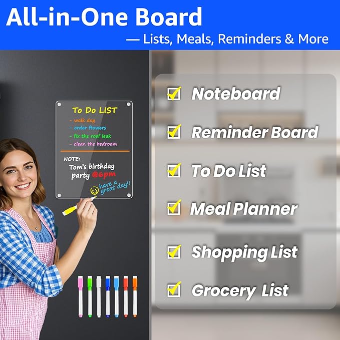 PigPotParty Clear Acrylic Magnetic Whiteboard for Fridge, 2 Pack 9.5"x12" Dry Erase Board Blank Memo Shopping/Grocery to Do List Meal Planner Chore Chart for Adult Teens Kids, w/ 8 Markers & 1 Towel