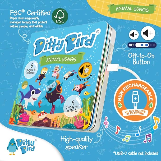 Ditty Bird Animal Songs Book for Toddlers – Interactive Sound Book with Baby Shark & More | Musical Board Book for 1-3 Year Olds | Fun, Realistic Animal Sounds | Sturdy Sensory Book for Baby