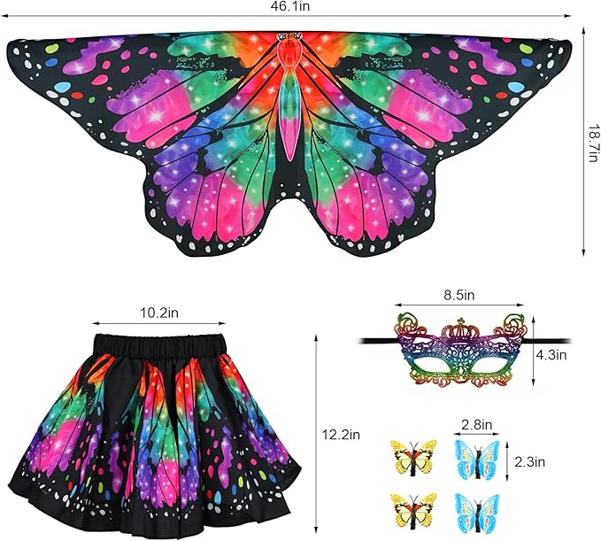Butterfly Costume for Girls Fairy Wings Kids 4 Pcs(Cape,Skirts,Masks,Hair Clips) Butterfly Wings for Halloween Gifts