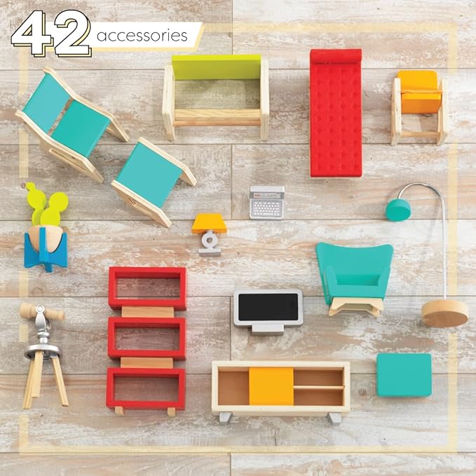 KidKraft So Stylish Mansion Wooden Mid-Century 360-Play Dollhouse with Wheeled Base and 42 Accessories, Gift for Ages 3+