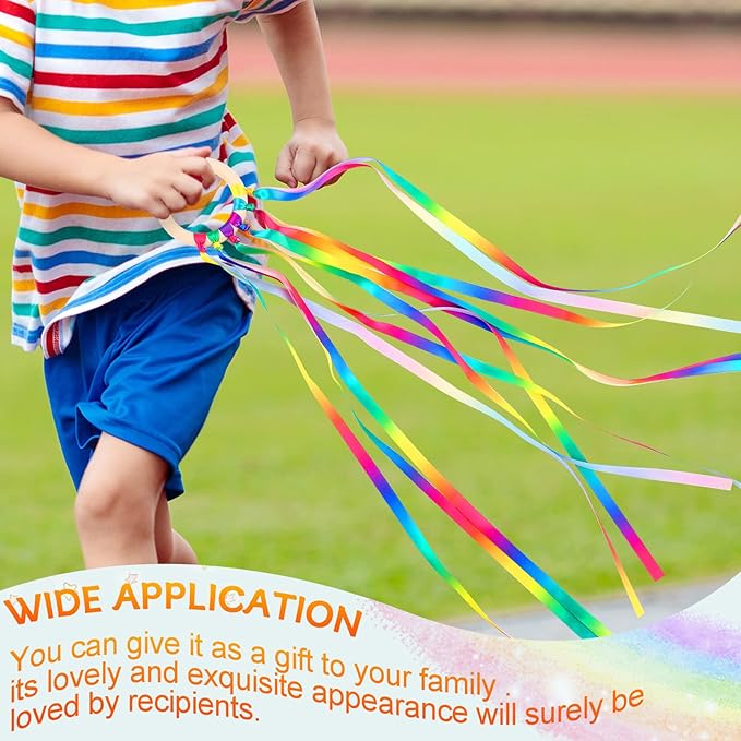 Sumind 6 Pcs Rainbow Ribbon Hand Kites Wands for Kids Dancer Streamer String Toy Thrown Waldorf Wand with Wooden Ring Wand Learning Educational(Warm Colors)