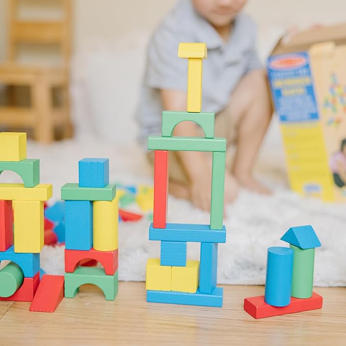Melissa & Doug Wooden Building Blocks, 100-Piece Set of Sorting & Stacking Toys in 4 Colors and 9 Shapes, Classic Toddler Toys for Girls & Boys Ages 2+ - FSC Certified