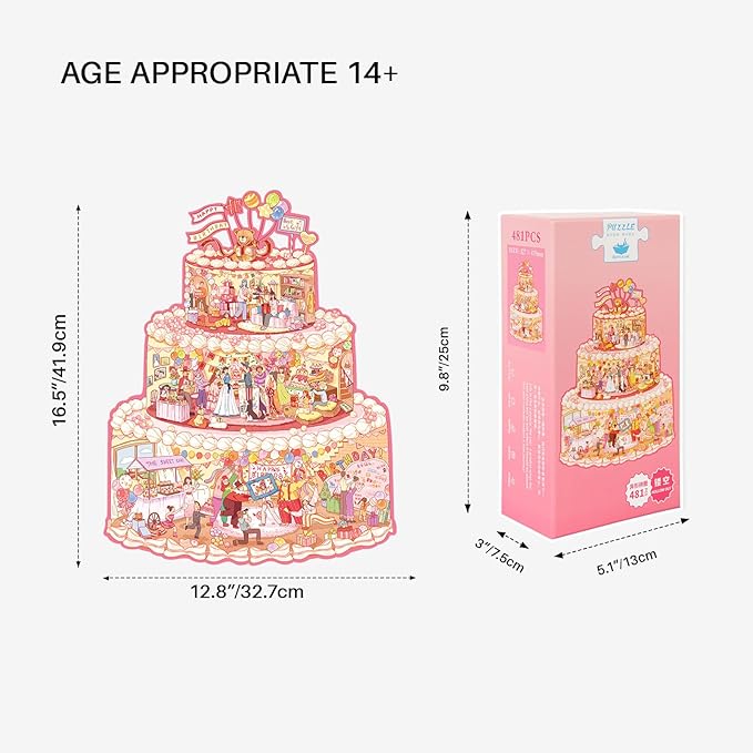 MOMIBOOK Puzzles for Adults 481 Pieces Irregular Jigsaw Puzzles of Birthday Cake Cabin, Painting Image Chinese Challenging Hard Impossible Puzzle Unique Funny Party Christmas Birthday Gifts