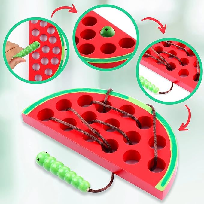 KLT Lacing Toy for Toddlers, Wooden Threading Toy Kids Travel Car Airplane Activities, Road Trip Essentials Games, Educational Learning Fine Motor Skills Montessori Toys 1 Apple,1 Watermelon, 1 Cheese