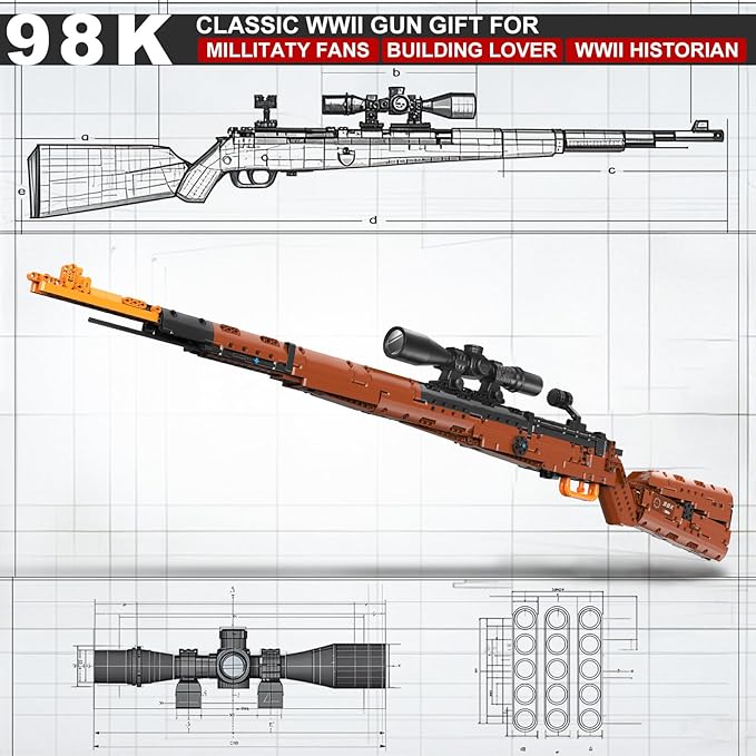 98k Building Blocks Gun-Sets for Adults Boys, 1:1 Sniper Rifle Big Model Kit That Shoot Army Toys for Kids Age 8+, Realistic Military Collection Cool Birthday Gifts for Teen Men 1280pcs