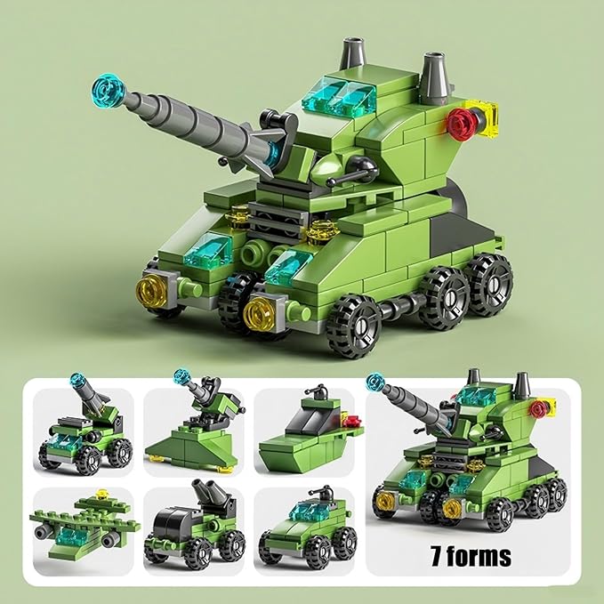 138-Piece Military Building Blocks Set – Army Tank Vehicle Toy with 7 in 1 Transformable Models, STEM Construction Kit for Kids Ages 6-12, Combat Play & Collector’s Display