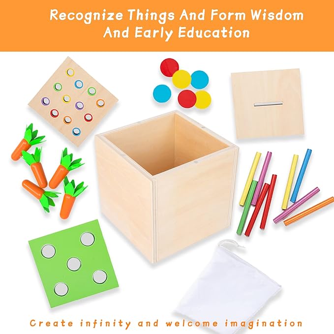 Adena Montessori 3 for 1 Wooden Montessori Play Kit Baby Toys,includes Matchstick Color Drop Game,Carrot Harvest Game and Coin Box,Learning Toy for Kid 1,2,3 Year Old,Girl Boy Gift for Baby 6-12 Month