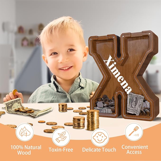Wooden Letter Piggy Bank for Kids Larger Letter Piggy Bank for Boys and Girls Personalized Piggy Bank Initial Coin Bank Wood Kids Money Bank for Birthday and Festival