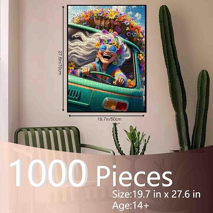 Colorful Hippie Van Road Trip Jigsaw Puzzle for Adults Students 1000 Pieces Fun Floral Retro Style Puzzle for Stress Relief 20×27 Inches Bright Vintage Camper Puzzles for Home Decor Unique Gift Idea