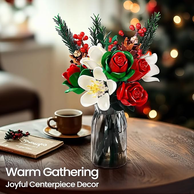 iATOM Christmas Rose Bouquet Building Set, Artificial Flowers Botanical Collection for Adults - Gift for Christmas & Valentines Day - Home Office Table Centerpiece Decor - 11012