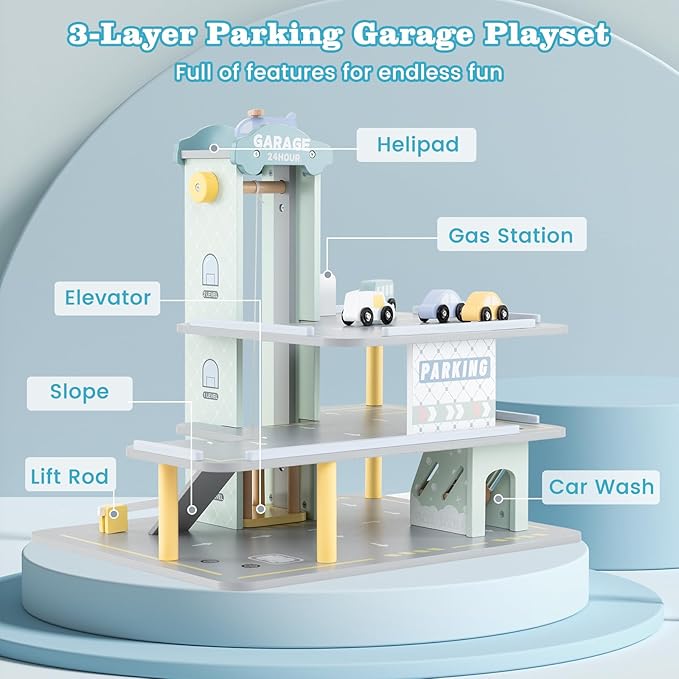 Costzon Toy Car Garage, Multi-Level Wooden Toy Garage with 4 Cars, Helicopter, Gas & Charging Station, Ramp & Working Elevator, Parking Garage for Toy Cars, Pretend Play Gift for Kids Toddlers 3+