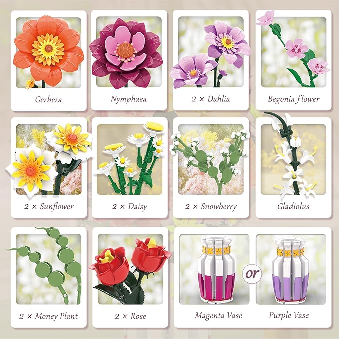Dual-Tone Vase Flowers Bouquet Building Set, 16 Artificial Flowers Bouquet Sets for Adults & Women & Home Decor Living Room, Compatible with Lego Flowers Bouquet Botanicals Collection, 1278 PCS