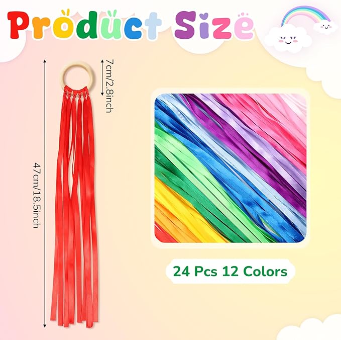 Junkin Ribbon Rings Hand Kite Waldorf Toys Dancing Wrist Ribbons Rainbow Streamers with Wood Ring Educational Toy for Playroom Dancing Birthday Party Gift(Solid Color,24 Pcs)