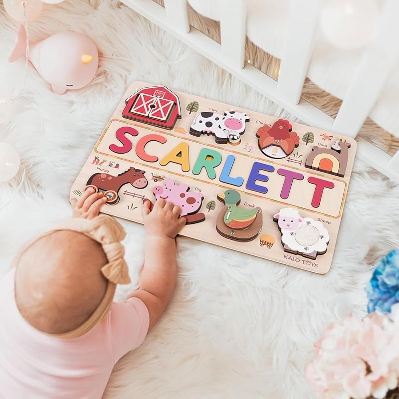 Personalized Wooden Name Puzzle for Toddlers 1-3 - Montessori Farm Animal Sensory Toy, Custom Educational Learning Toys for Toddlers to Boosts Fine Motor Skills, Perfect Birthday Gift