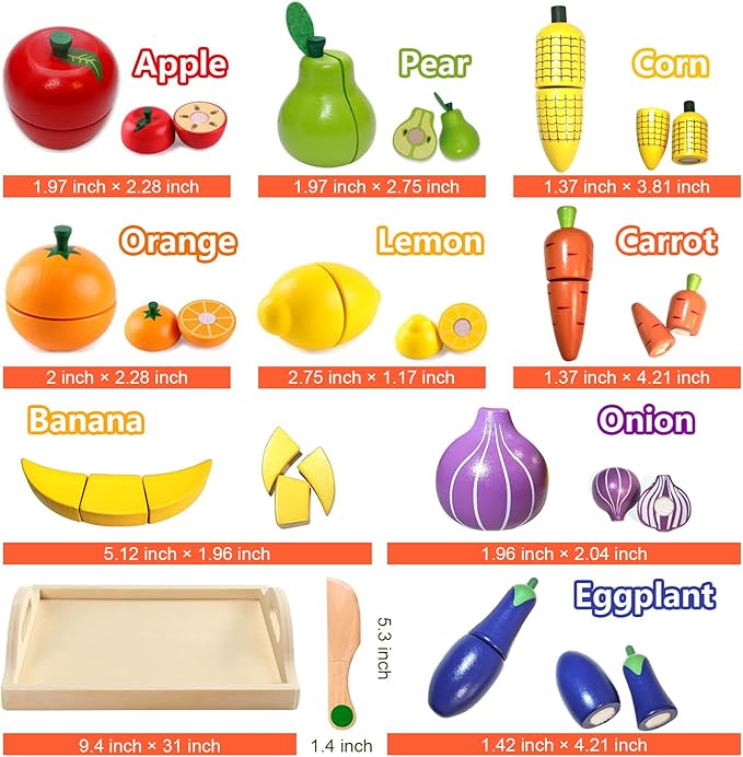 Wooden Play Food for Toddlers, Velcro Fruit and Veggies Cutting Set for Kids, Montessori Learning Toys Food, Pretend Food Play Kitchen Accessories for 3 4 5 6 Years Old Boys & Girls Gift